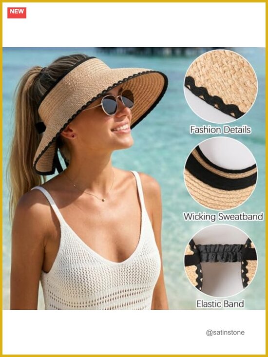 Women\'s Raffia Sun Visor Hat, Packable Wide Brim Beach Visor Ponytail Hat UV main image 6